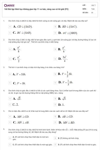 160 Bài tập Hình học không gian lớp 11 cơ bản, nâng cao có lời giải (P2)