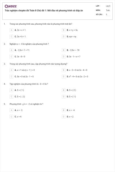 Trắc nghiệm chuyên đề Toán 8 Chủ đề 1: Mở đầu về phương trình có đáp án