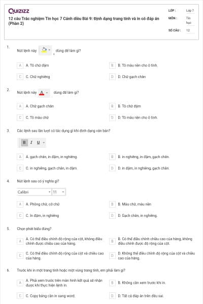 12 câu Trắc nghiệm Tin học 7 Cánh diều Bài 9: Định dạng trang tính và in có đáp án (Phần 2)