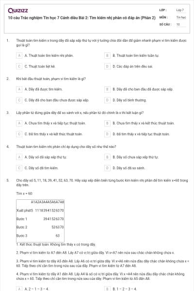 10 câu Trắc nghiệm Tin học 7 Cánh diều Bài 2: Tìm kiếm nhị phân có đáp án (Phần 2)