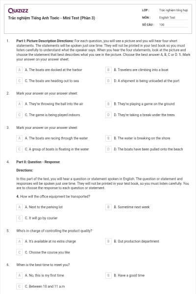 Trắc nghiệm Tiếng Anh Toeic - Mini Test (Phần 3)