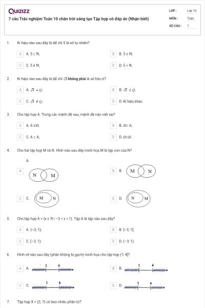 7 câu  Trắc nghiệm Toán 10 chân trời sáng tạo Tập hợp có đáp án (Nhận biết)