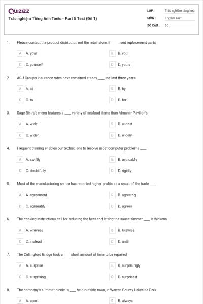 Trắc nghiệm Tiếng Anh Toeic - Part 5 Test (Đề 1)