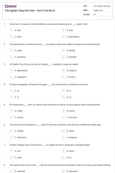 Trắc nghiệm Tiếng Anh Toeic - Part 5 Test (Đề 2)