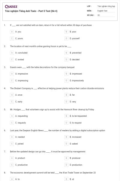 Trắc nghiệm Tiếng Anh Toeic - Part 5 Test (Đề 4)