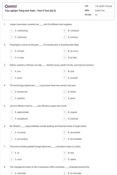 Trắc nghiệm Tiếng Anh Toeic - Part 5 Test (Đề 5)