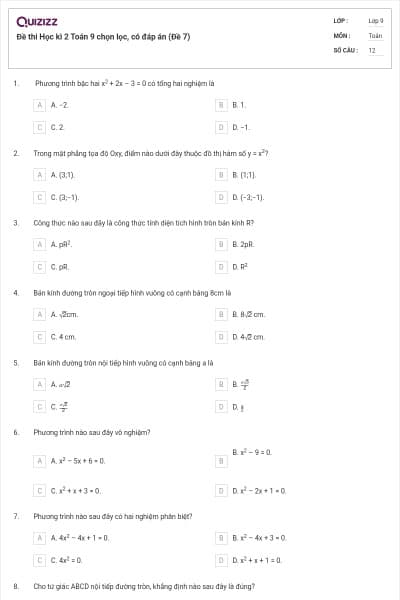 Đề thi Học kì 2 Toán 9 chọn lọc, có đáp án (Đề 7)