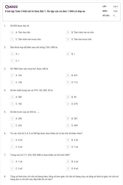 8 bài tập Toán 3 Kết nối tri thức Bài 1: Ôn tập các số đến 1 000 có đáp án