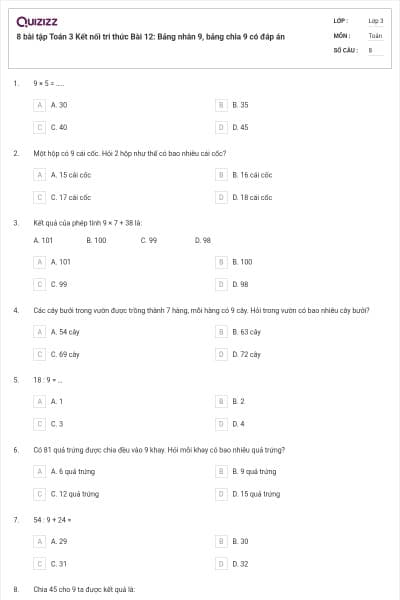 8 bài tập Toán 3 Kết nối tri thức Bài 12: Bảng nhân 9, bảng chia 9 có đáp án