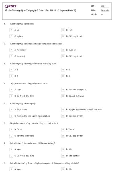 15 câu Trắc nghiệm Công nghệ 7 Cánh diều Bài 11 có đáp án (Phần 2)
