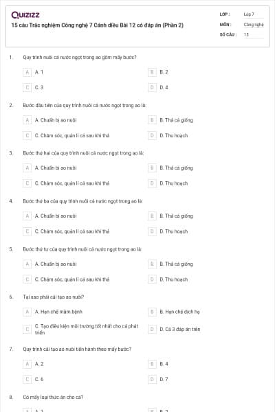 15 câu Trắc nghiệm Công nghệ 7 Cánh diều Bài 12 có đáp án (Phần 2)