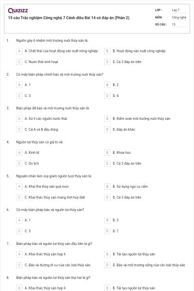 15 câu Trắc nghiệm Công nghệ 7 Cánh diều Bài 14 có đáp án (Phần 2)