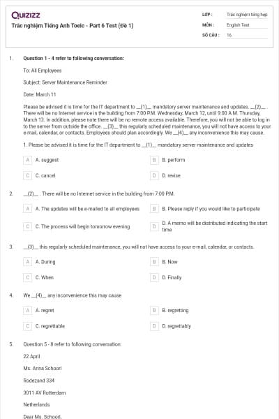 Trắc nghiệm Tiếng Anh Toeic - Part 6 Test (Đề 1)