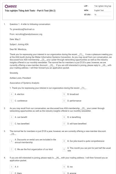 Trắc nghiệm Tiếng Anh Toeic - Part 6 Test (Đề 2)