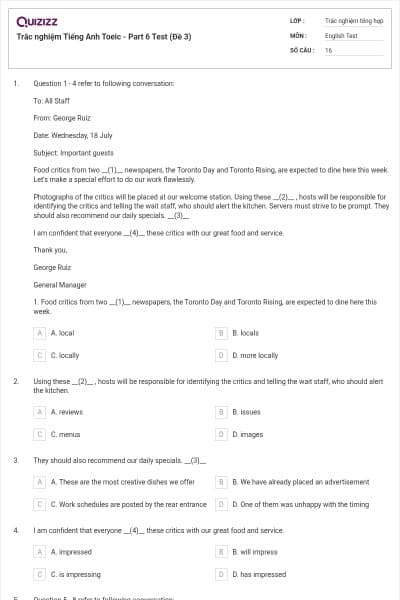 Trắc nghiệm Tiếng Anh Toeic - Part 6 Test (Đề 3)