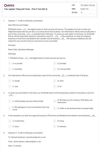 Trắc nghiệm Tiếng Anh Toeic - Part 6 Test (Đề 4)