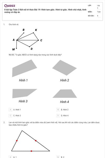 8 bài tập Toán 3 Kết nối tri thức Bài 19: Hình tam giác. Hình tứ giác. Hình chữ nhật, hình vuông có đáp án