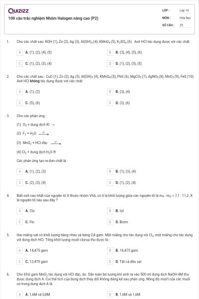 100 câu trắc nghiệm Nhóm Halogen nâng cao (P2)