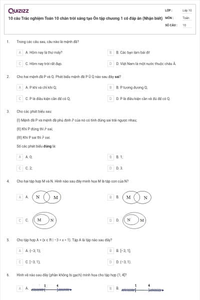 10 câu Trắc nghiệm Toán 10 chân trời sáng tạo Ôn tập chương 1 có đáp án (Nhận biết)