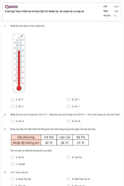 8 bài tập Toán 3 Kết nối tri thức Bài 33: Nhiệt độ. Đo nhiệt độ có đáp án