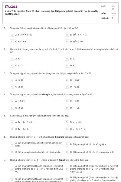 7 câu  Trắc nghiệm Toán 10 chân trời sáng tạo Bất phương trình bậc nhất hai ẩn có đáp án (Nhận biết)