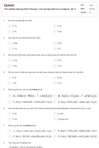 Trắc nghiệm tổng hợp Hóa 9 Chương 1: Các loại hợp chất vô cơ có đáp án - Đề 11