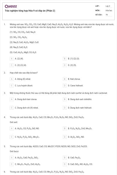 Trắc nghiệm tổng hợp Hóa 9 có đáp án (Phần 2)
