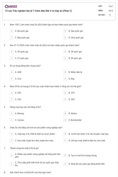 15 câu Trắc nghiệm Địa lý 7 Cánh diều Bài 4 có đáp án (Phần 2)