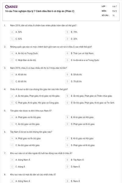 16 câu Trắc nghiệm Địa lý 7 Cánh diều Bài 6 có đáp án (Phần 2)