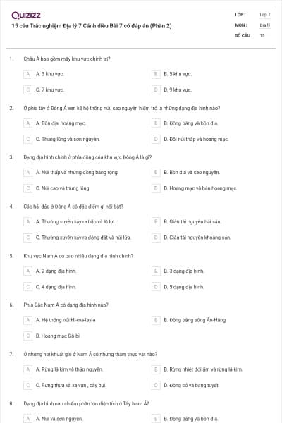 15 câu Trắc nghiệm Địa lý 7 Cánh diều Bài 7 có đáp án (Phần 2)