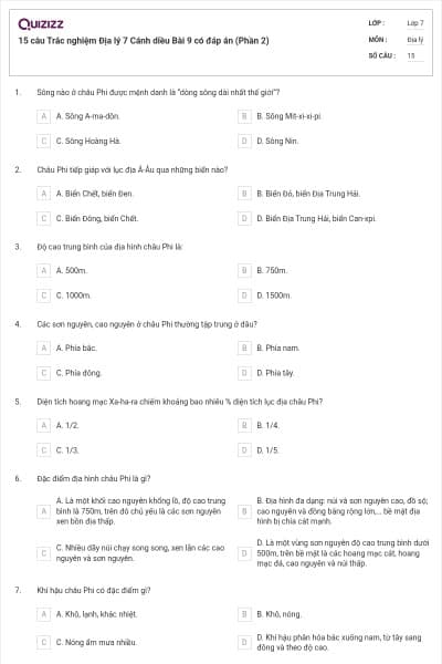 15 câu Trắc nghiệm Địa lý 7 Cánh diều Bài 9 có đáp án (Phần 2)