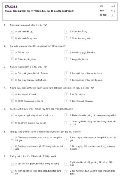 15 câu Trắc nghiệm Địa lý 7 Cánh diều Bài 10 có đáp án (Phần 2)
