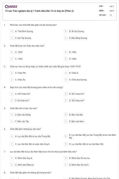 15 câu Trắc nghiệm Địa lý 7 Cánh diều Bài 13 có đáp án (Phần 2)