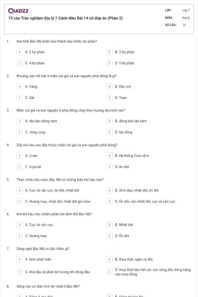 15 câu Trắc nghiệm Địa lý 7 Cánh diều Bài 14 có đáp án (Phần 2)