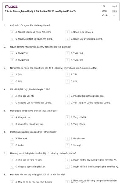 15 câu Trắc nghiệm Địa lý 7 Cánh diều Bài 15 có đáp án (Phần 2)