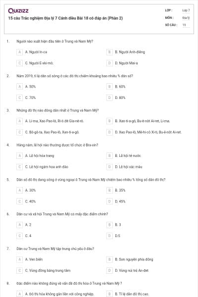 15 câu Trắc nghiệm Địa lý 7 Cánh diều Bài 18 có đáp án (Phần 2)