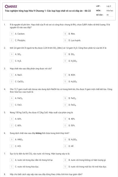 Trắc nghiệm tổng hợp Hóa 9 Chương 1: Các loại hợp chất vô cơ có đáp án - Đề 22