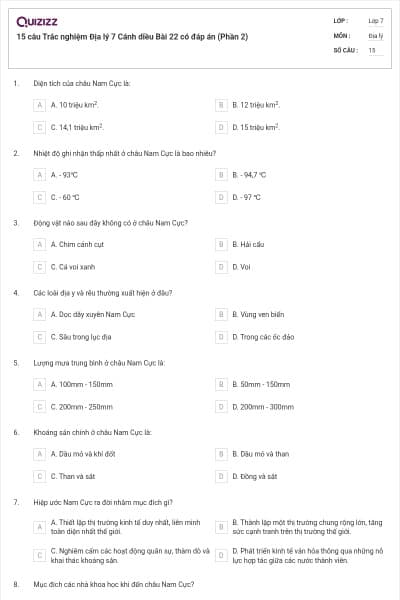 15 câu Trắc nghiệm Địa lý 7 Cánh diều Bài 22 có đáp án (Phần 2)