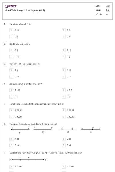 Đề thi Toán 6 Học kì 2 có đáp án (Đề 7)