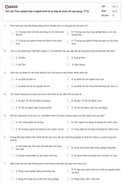 362 câu Trắc nghiệm Địa lí ngành kinh tế có đáp án (mức độ vận dụng- P13)