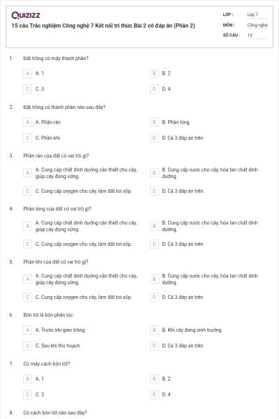 15 câu Trắc nghiệm Công nghệ 7 Kết nối tri thức Bài 2 có đáp án (Phần 2)