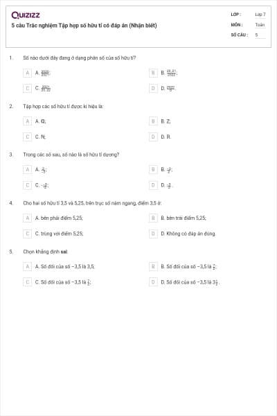 5 câu Trắc nghiệm Tập hợp số hữu tỉ có đáp án (Nhận biết)