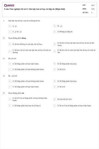 5 câu Trắc nghiệm Số vô tỉ. Căn bậc hai số học có đáp án (Nhận biết)