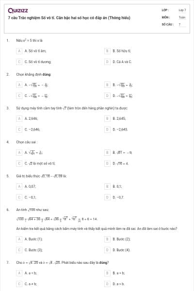 7 câu Trắc nghiệm Số vô tỉ. Căn bậc hai số học có đáp án (Thông hiểu)