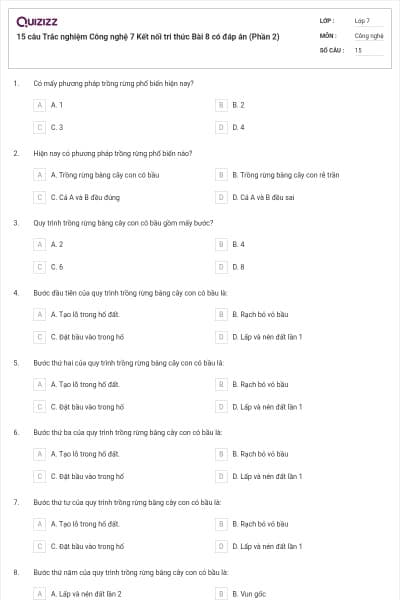 15 câu Trắc nghiệm Công nghệ 7 Kết nối tri thức Bài 8 có đáp án (Phần 2)