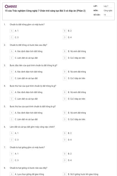15 câu Trắc nghiệm Công nghệ 7 Chân trời sáng tạo Bài 3 có đáp án (Phần 2)