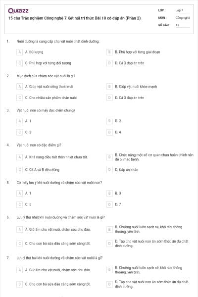 15 câu Trắc nghiệm Công nghệ 7 Kết nối tri thức Bài 10 có đáp án (Phần 2)