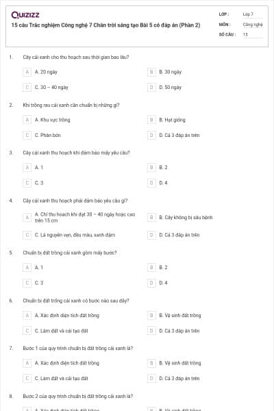 15 câu Trắc nghiệm Công nghệ 7 Chân trời sáng tạo Bài 5 có đáp án (Phần 2)