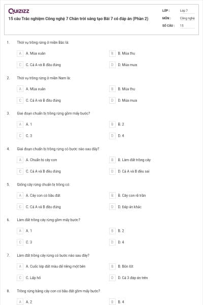 15 câu Trắc nghiệm Công nghệ 7 Chân trời sáng tạo Bài 7 có đáp án (Phần 2)