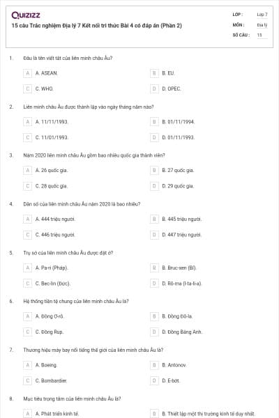 15 câu Trắc nghiệm Địa lý 7 Kết nối tri thức Bài 4 có đáp án (Phần 2)